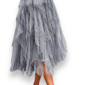 High Rise Gray Multi Layer Tier Uneven Tulle Midi Skirt NEW